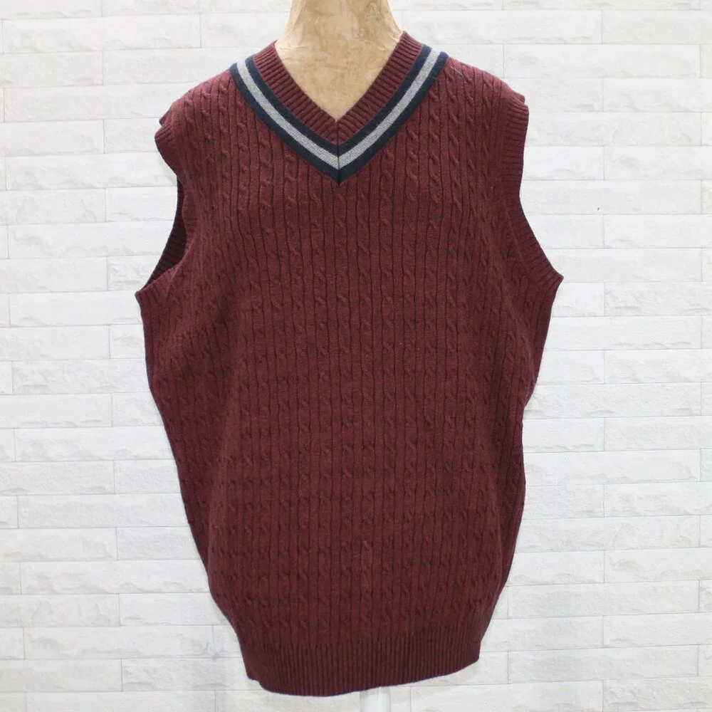 ROUNDTREE & YORKE Vest Knit Wool Blend Cable Stitch Striped V-Neck Burgundy M